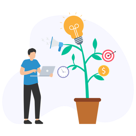 Homme d'affaires cultivant une plante à ampoule avec des icônes de marketing et de gestion du temps  Illustration