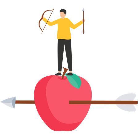 Homme d'affaires de confiance avec un archer debout sur une pomme touchée par sa flèche précise  Illustration