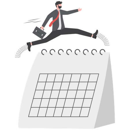 Homme d'affaires de confiance utilisant le saut à la perche au crayon sautant par-dessus le calendrier  Illustration