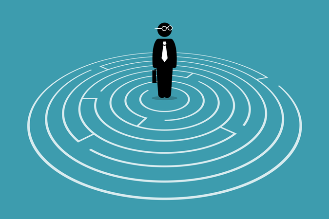Homme d'affaires debout au centre d'un labyrinthe  Illustration