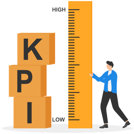 Homme d'affaires debout au sommet de la boîte KPI mesurant les performances  Illustration