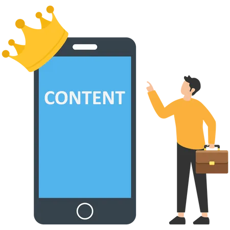 Homme d'affaires debout avec mobile avec le mot contenu portant la couronne  Illustration