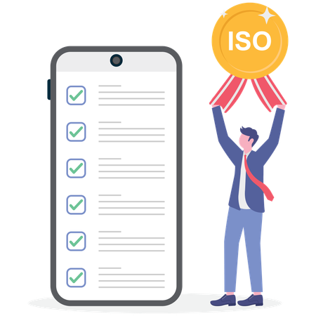 Homme d'affaires debout avec un certificat ISO  Illustration