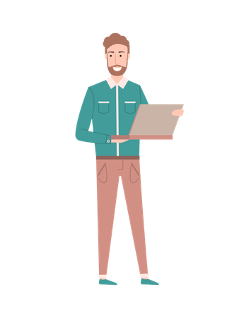 Homme d'affaires debout avec un ordinateur portable à la main  Illustration