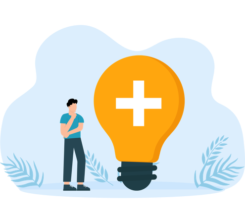 Homme d'affaires debout avec une idée d'ampoule lumineuse avec un signe positif  Illustration