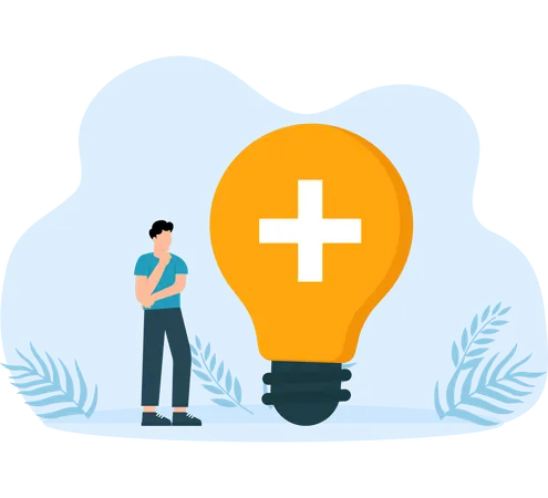 Homme d'affaires debout avec une idée d'ampoule lumineuse avec un signe positif  Illustration