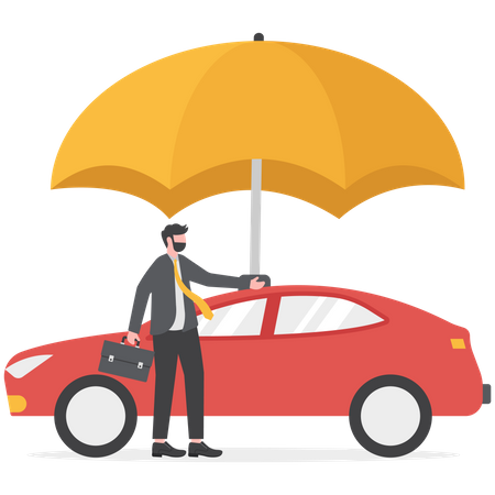 Homme d'affaires debout avec une nouvelle voiture sous un parapluie fort  Illustration