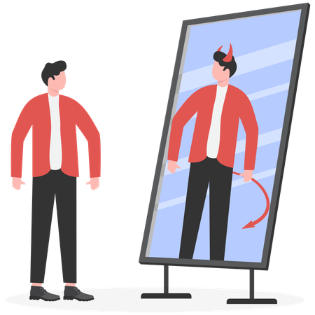 Homme d'affaires debout devant un miroir avec double personnalité  Illustration