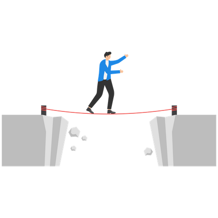 Homme d'affaires debout et marchant sur une corde raide au-dessus de l'abîme  Illustration