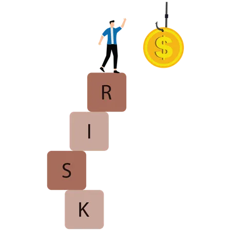 Un homme d'affaires debout sur des piles de boîtes à risques pour obtenir une récompense  Illustration