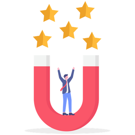 Homme d'affaires debout sur un aimant tout en attirant des étoiles de notation  Illustration