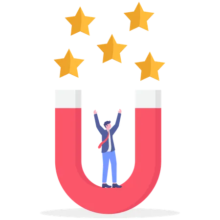 Homme d'affaires debout sur un aimant tout en attirant des étoiles de notation  Illustration