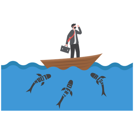 Homme d'affaires debout sur un bateau à la recherche d'opportunités à l'aide de jumelles  Illustration