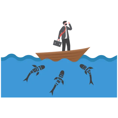 Homme d'affaires debout sur un bateau à la recherche d'opportunités à l'aide de jumelles  Illustration