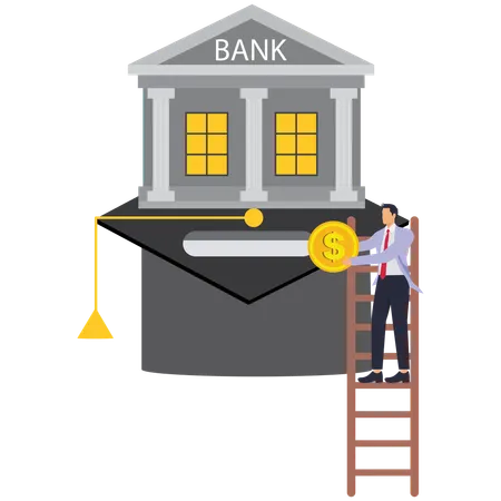 Un homme d'affaires debout sur une échelle tandis que d'énormes banques retiennent des diplômés  Illustration