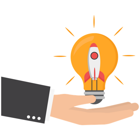 Homme d'affaires, démarrage, propriétaire d'entreprise, choisir une fusée innovante à la main à l'intérieur d'une idée d'ampoule  Illustration