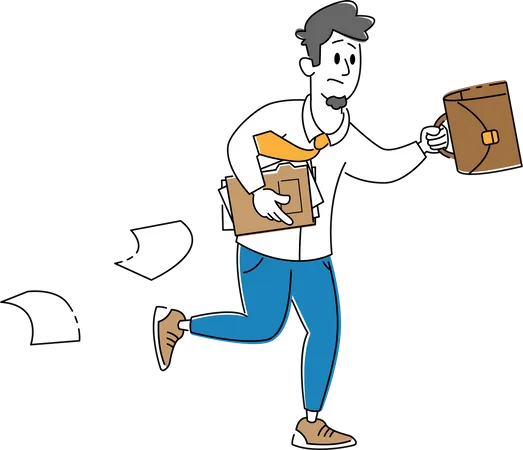Un homme d'affaires se dépêche au travail en courant avec une mallette et du papier éparpillé  Illustration