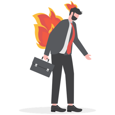 Employé de bureau d'homme d'affaires déprimé avec une brûlure de feu sur la tête et son costume  Illustration