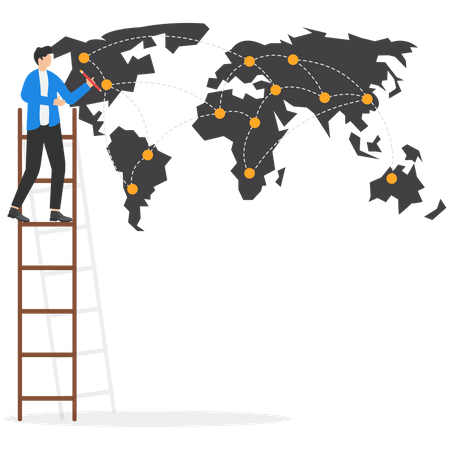 Homme d'affaires dessinant une carte du monde et les principaux points pour développer de nouvelles affaires.  Illustration