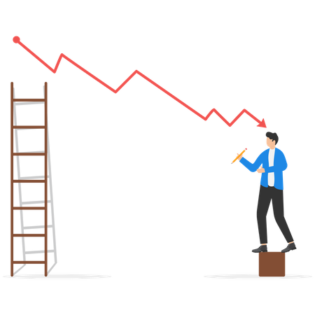 Un homme d'affaires dessine des graphiques simples avec des courbes décroissantes et une échelle  Illustration