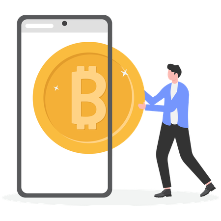 Homme d'affaires détenant des bitcoins depuis son téléphone portable  Illustration