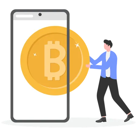 Homme d'affaires détenant des bitcoins depuis son téléphone portable  Illustration