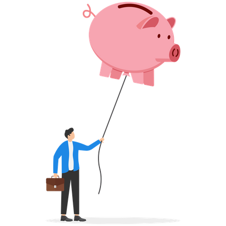 Homme d'affaires détenant une tirelire rose ballon  Illustration