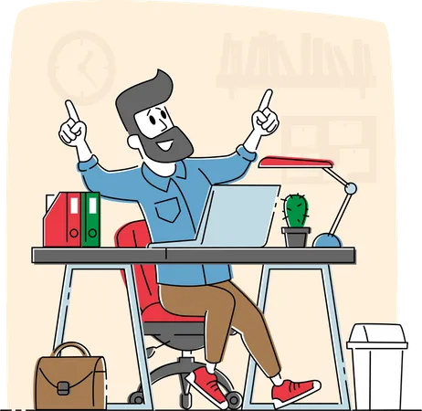 Homme d'affaires détendu travaillant sur un ordinateur portable assis au bureau en pensant à une tâche  Illustration
