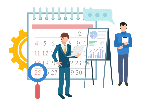 Homme d'affaires effectuant une analyse commerciale et vérifiant le calendrier  Illustration