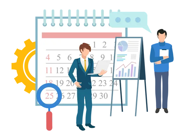 Homme d'affaires effectuant une analyse commerciale et vérifiant le calendrier  Illustration