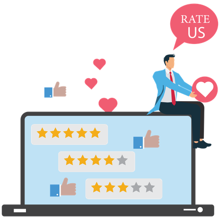 Un homme d'affaires donne un avis client et une évaluation en ligne  Illustration