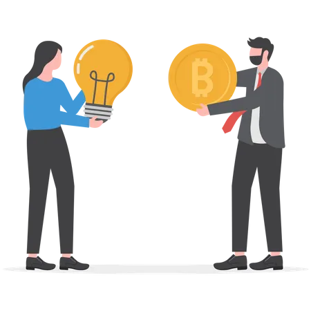 Un homme d'affaires échange du bitcoin contre une idée brillante  Illustration