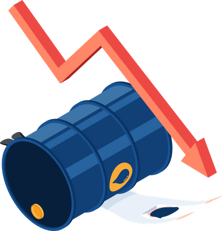 Homme d'affaires écrasé par un baril de pétrole avec un graphique en baisse  Illustration