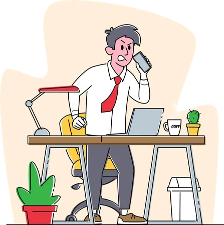 Homme d'affaires en colère avec visage rouge parlant par smartphone au bureau  Illustration