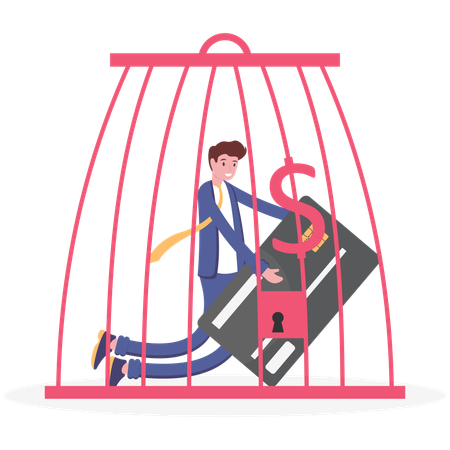 Homme d'affaires dans une cage de signe dollar  Illustration