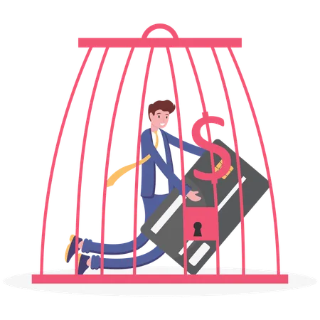 Homme d'affaires dans une cage de signe dollar  Illustration