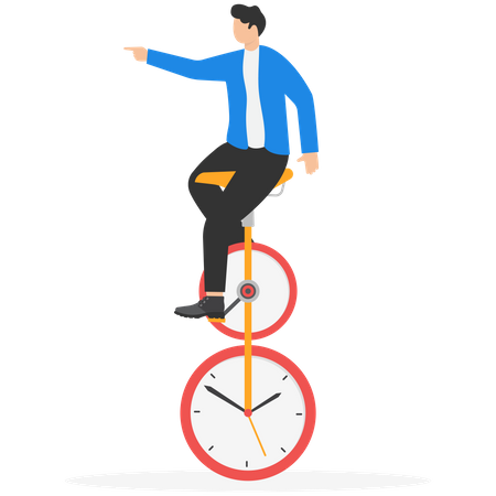 Homme d'affaires en équilibre sur monocycle tout en maintenant l'équilibre  Illustration