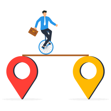 Homme d'affaires chevauchant un monocycle depuis l'épingle de navigation sur la carte jusqu'à la nouvelle métaphore de la réinstallation  Illustration