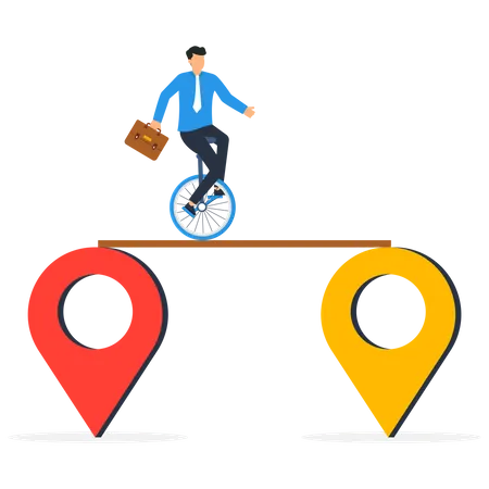 Homme d'affaires chevauchant un monocycle depuis l'épingle de navigation sur la carte jusqu'à la nouvelle métaphore de la réinstallation  Illustration