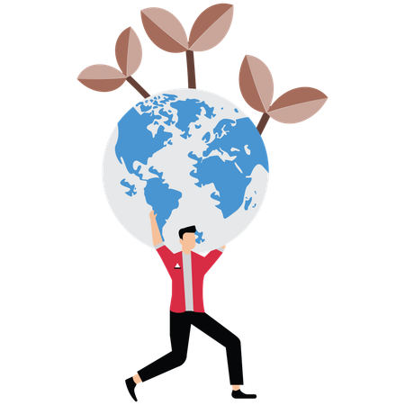Homme d'affaires en pose d'atlas portant un globe vert avec des graines de plantes sur son épaule  Illustration