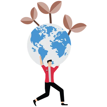 Homme d'affaires en pose d'atlas portant un globe vert avec des graines de plantes sur son épaule  Illustration