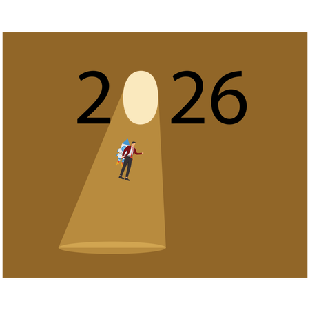 Homme d'affaires entrant dans l'année de la nouvelle innovation 2026  Illustration