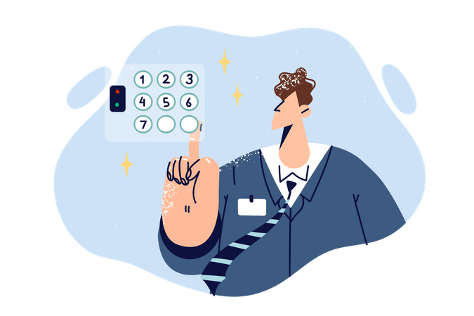 L'homme d'affaires entre le mot de passe en appuyant sur les touches numériques avec le doigt pour y accéder  Illustration