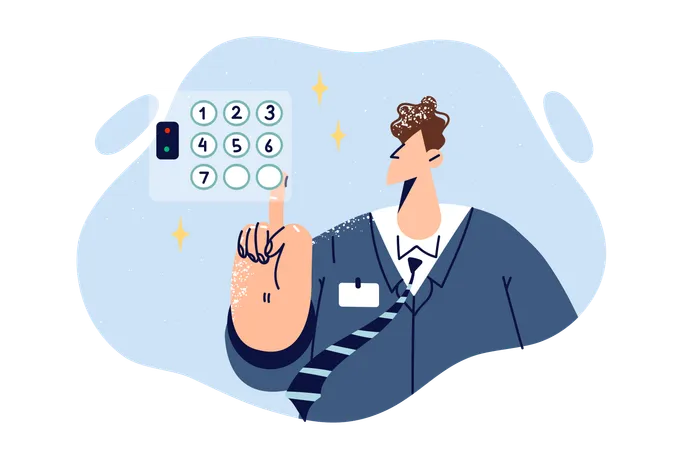 L'homme d'affaires entre le mot de passe en appuyant sur les touches numériques avec le doigt pour y accéder  Illustration