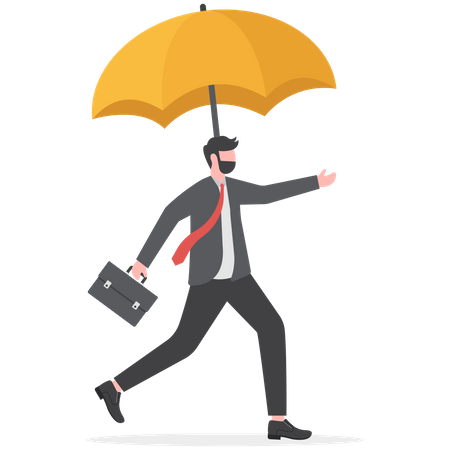 Homme d'affaires entrepreneur avec un parapluie solide fonctionnant en toute sécurité  Illustration
