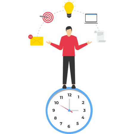 Homme d'affaires équilibrant le temps gérant plusieurs tâches  Illustration