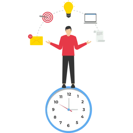 Homme d'affaires équilibrant le temps gérant plusieurs tâches  Illustration