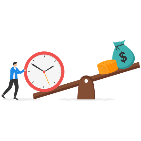 Homme d'affaires équilibrant l'horloge et le dollar sur des balances  Illustration
