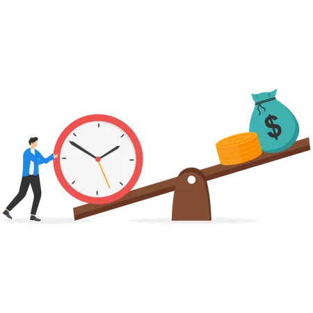 Homme d'affaires équilibrant l'horloge et le dollar sur des balances  Illustration