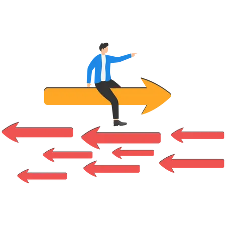 Homme d'affaires chevauchant une flèche dans une direction différente  Illustration